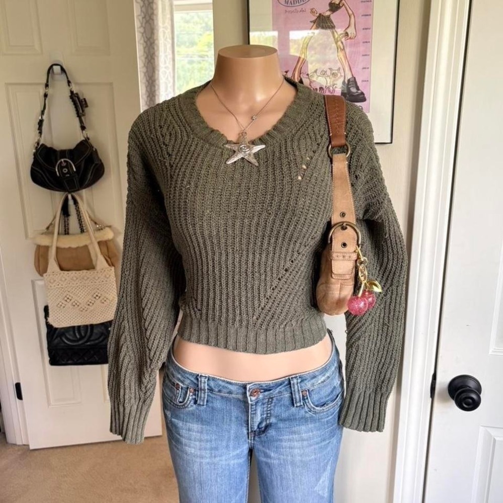 American eagle‎ olive green cropped sweater knit grunge indie aesthetic